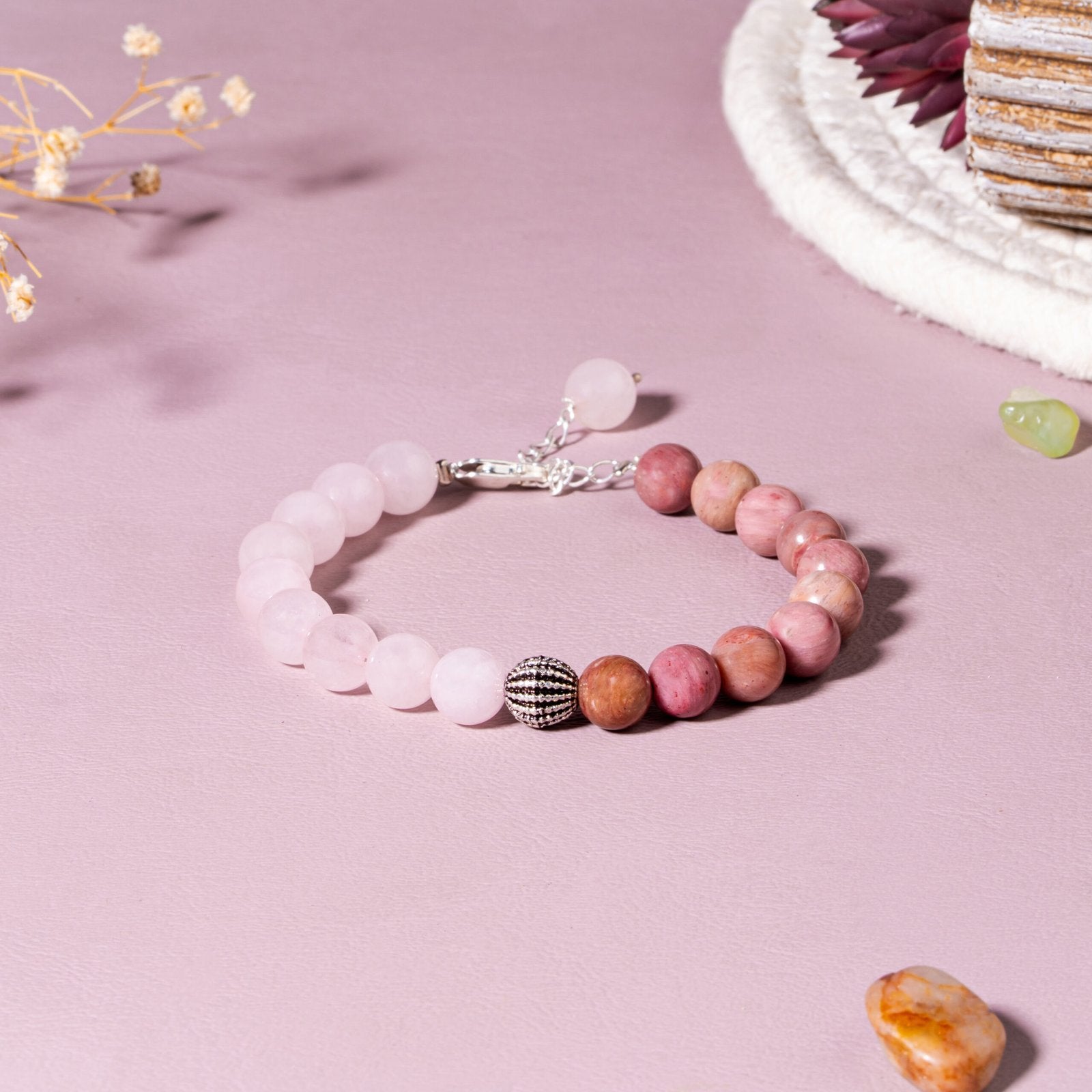 Rose Quartz Rhodochrosite Heart Healing Love 92.5 Sterling Silver Bracelet for Women
