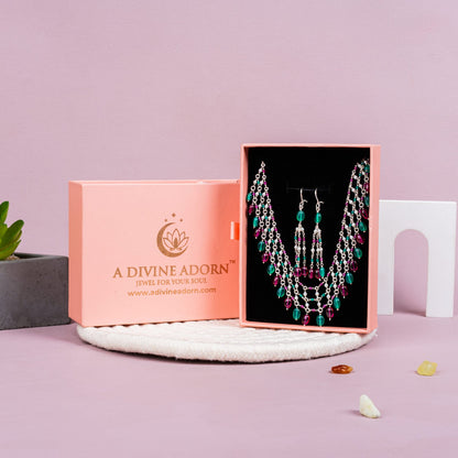 Multi-Colour Semi-Precious Stone Necklace Set with Earrings | 92.5 Sterling Silver