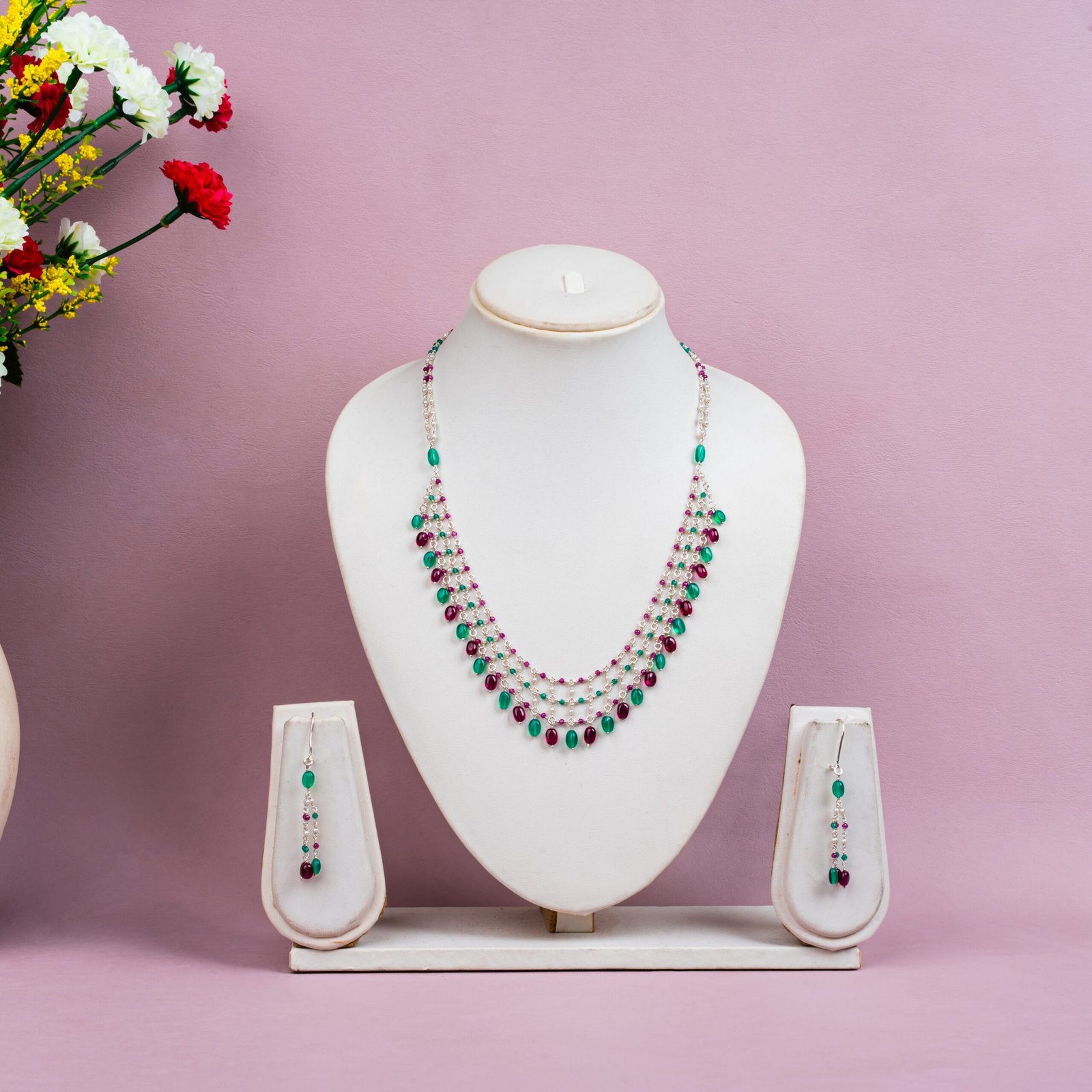 Multi-Colour Semi-Precious Stone Necklace Set with Earrings | 92.5 Sterling Silver