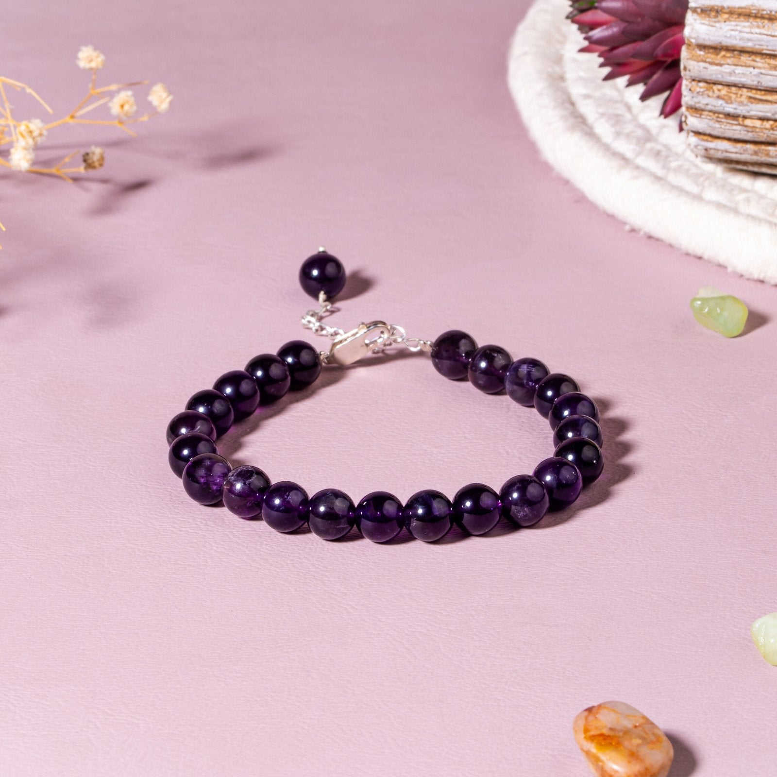 Amethyst 92.5 Sterling Silver Bracelet | 8mm Smooth Round Beads