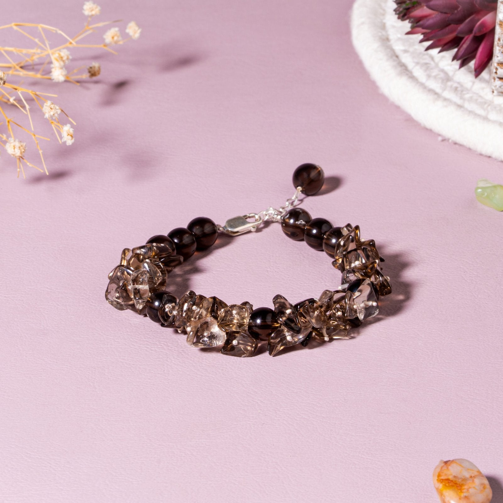 Smoky Quartz 92.5 Sterling Silver Bracelet |(8mm Round ,Chip Bead)