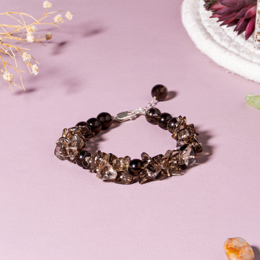 Smoky Quartz 92.5 Sterling Silver Bracelet |(8mm Round ,Chip Bead)