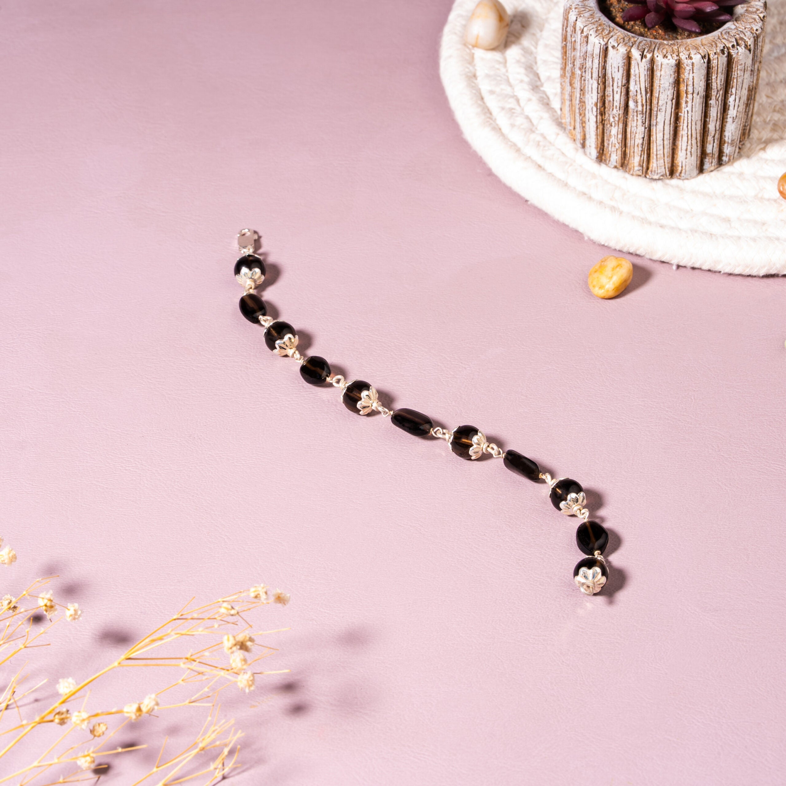 Smoky Quartz 8mm Round & Oval Bead 92.5 Sterling Silver Bracelet