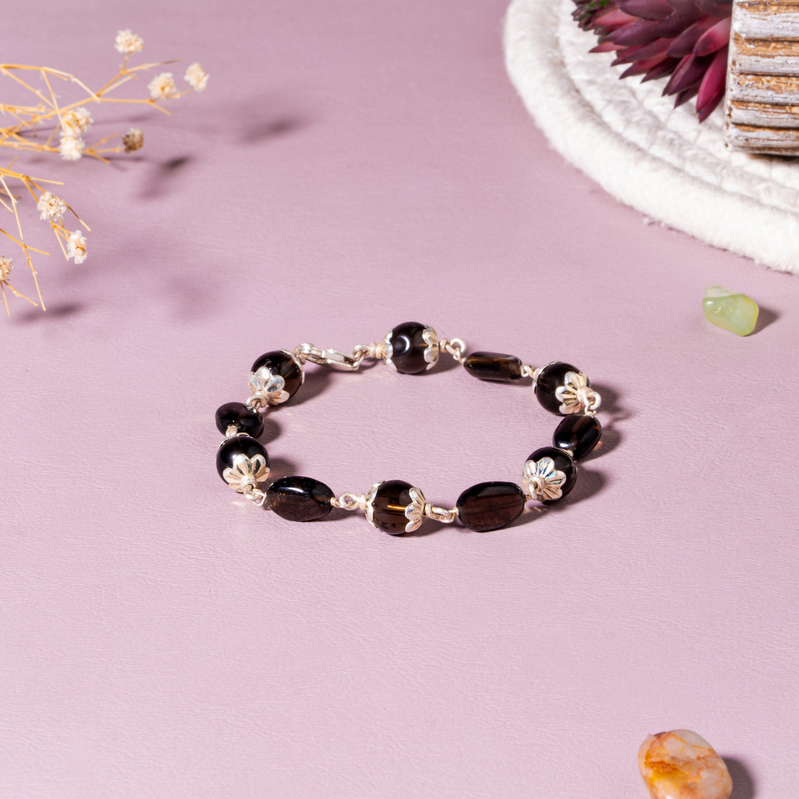Smoky Quartz 8mm Round & Oval Bead 92.5 Sterling Silver Bracelet