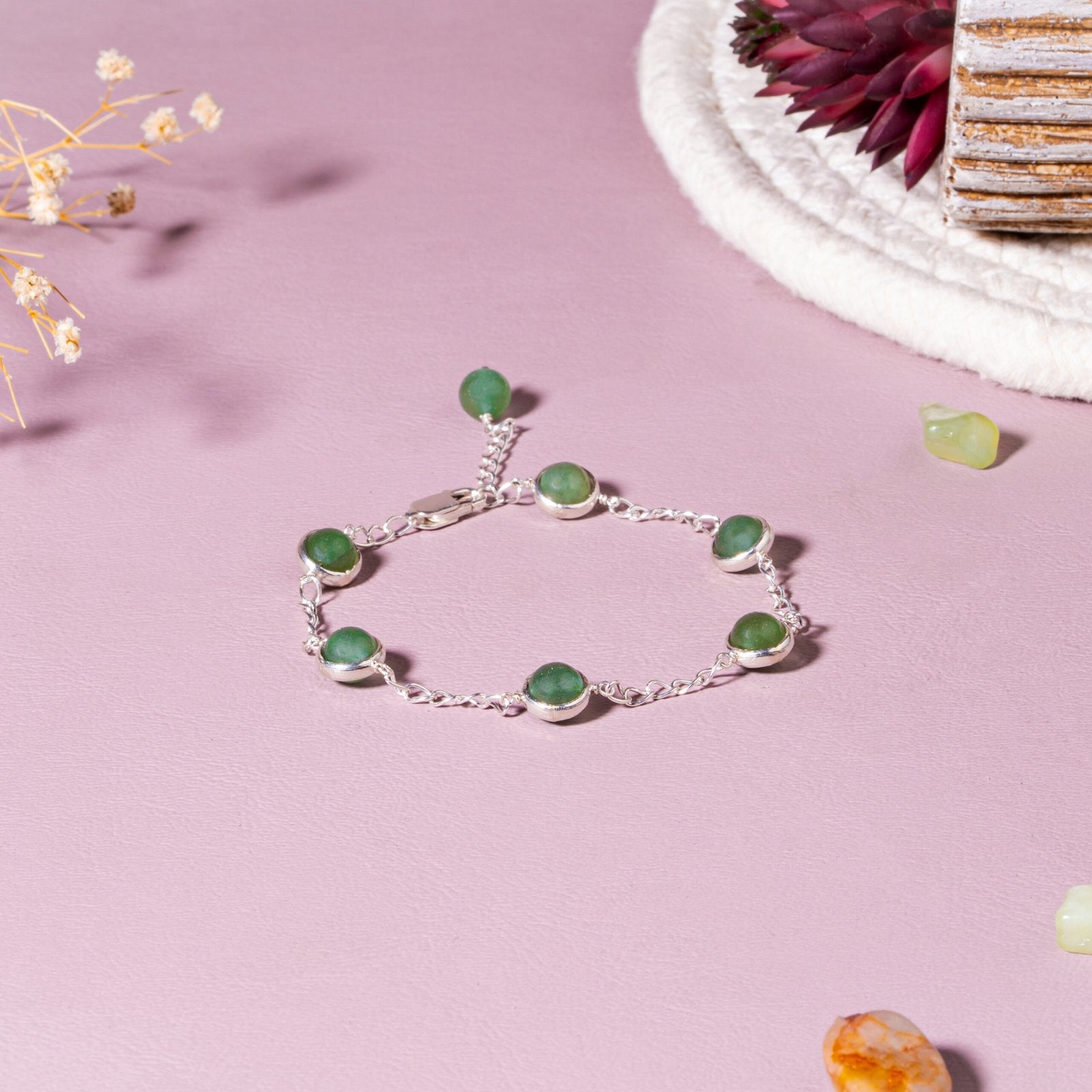 Green Aventurine  Luck & Opportunity 92.5 Sterling Silver Chain Bracelet