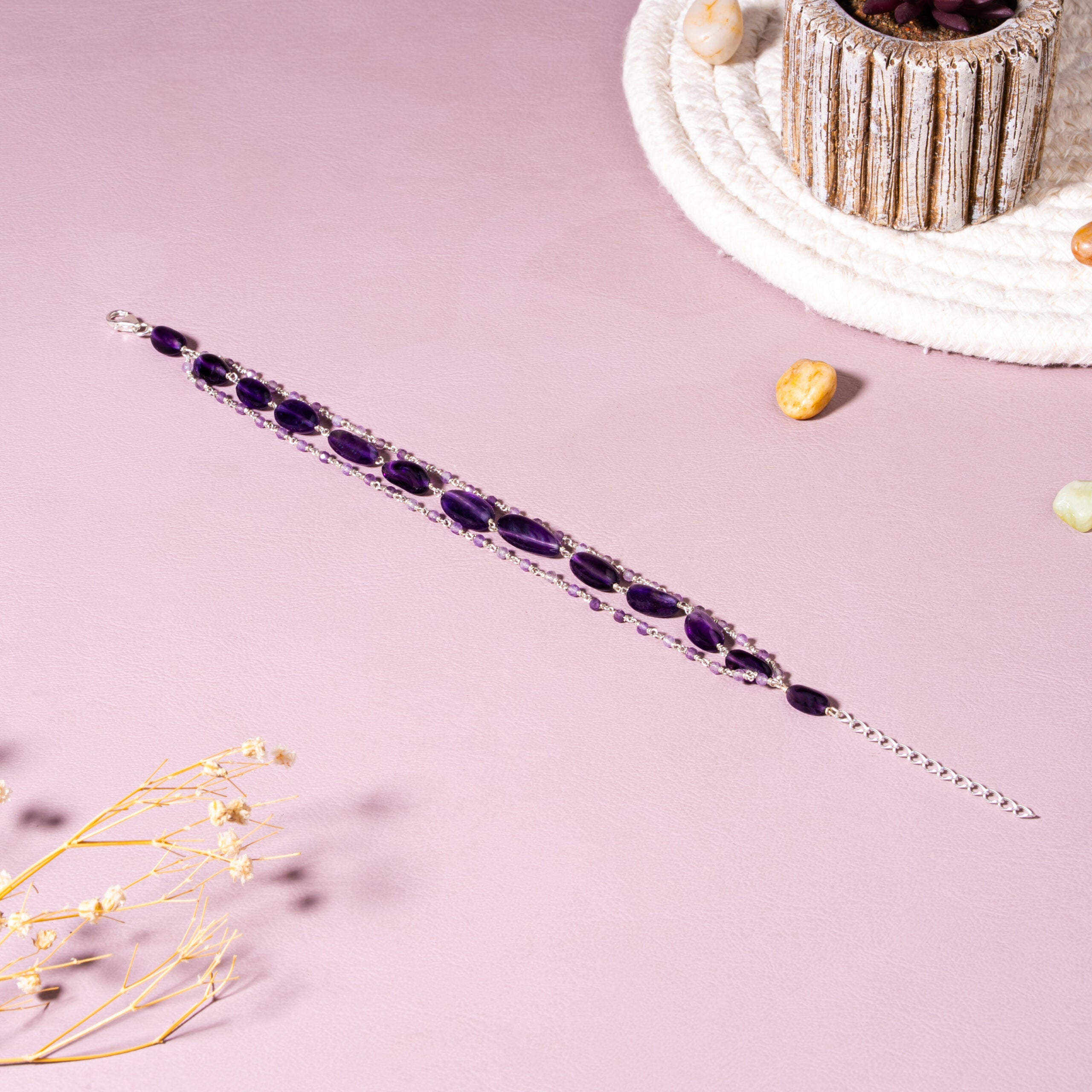 Amethyst  Calm & Clarity 92.5 Sterling Silver Bracelet | Oval - 2mm Round Faceted Bead