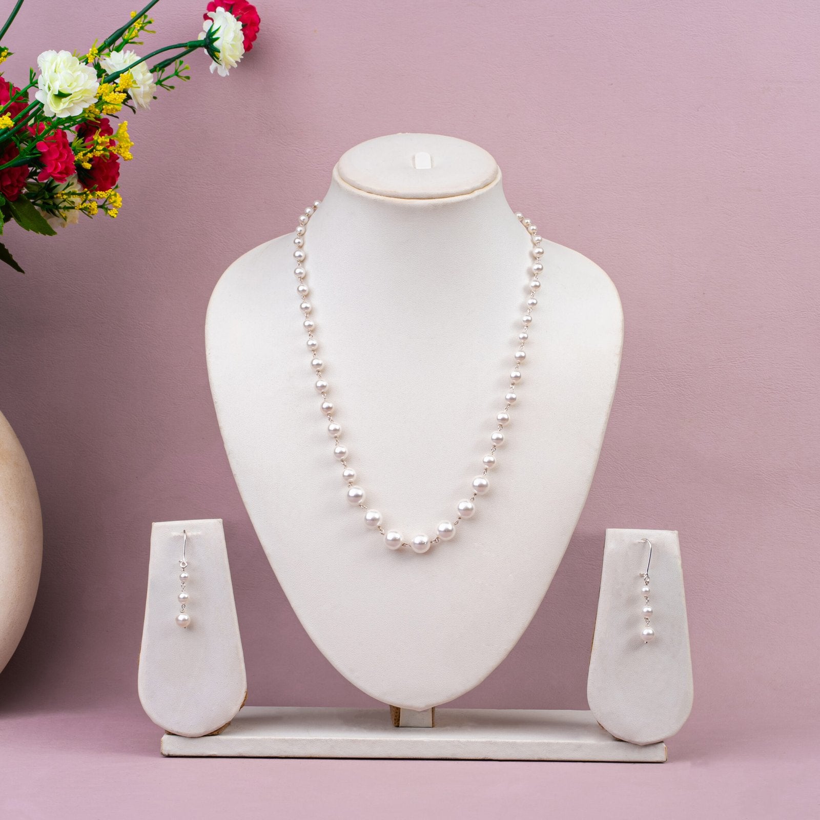 Pearl Necklace Set with Hanging Earrings | 92.5 Sterling Silver | 18 Inch Length
