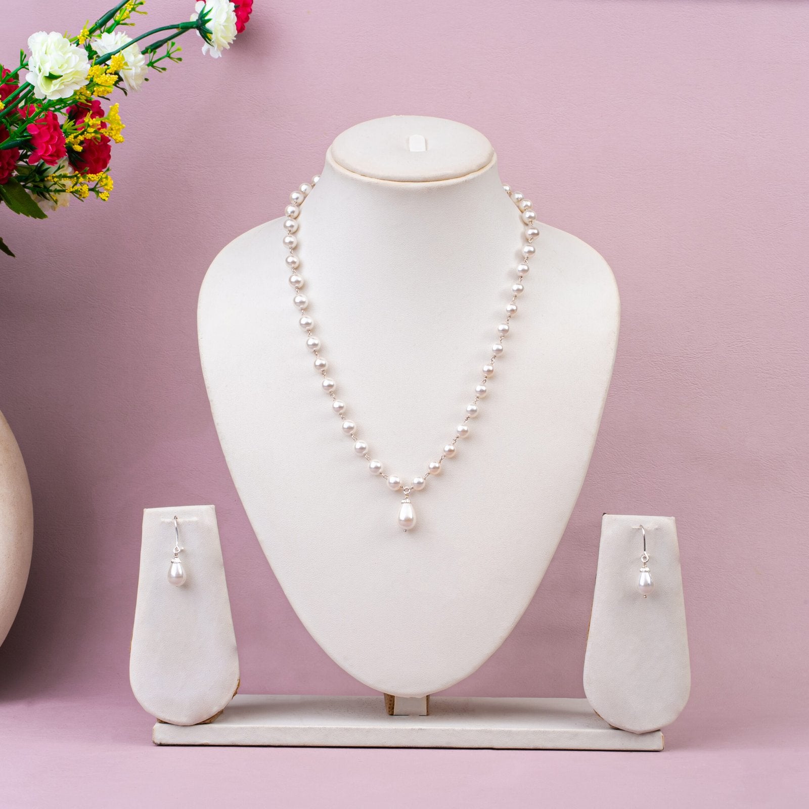 Pearl Pear Shape Pendant Necklace Set with Earrings | 92.5 Sterling Silver | 18 Inch