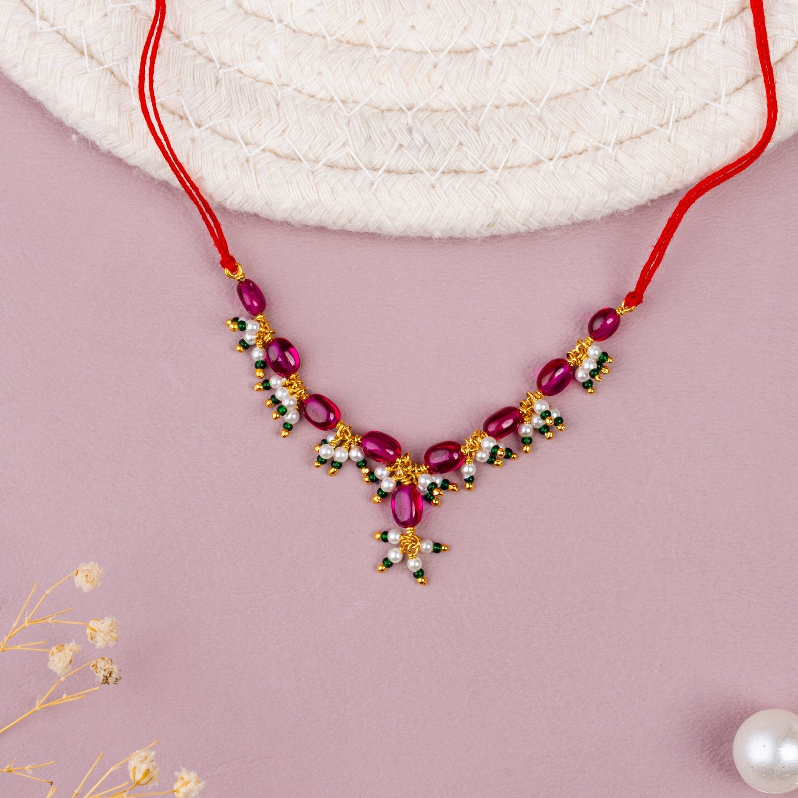 Ruby Pink Bead Gold-Plated 92.5 Sterling Silver Necklace for God Idol | Temple Jewelry
