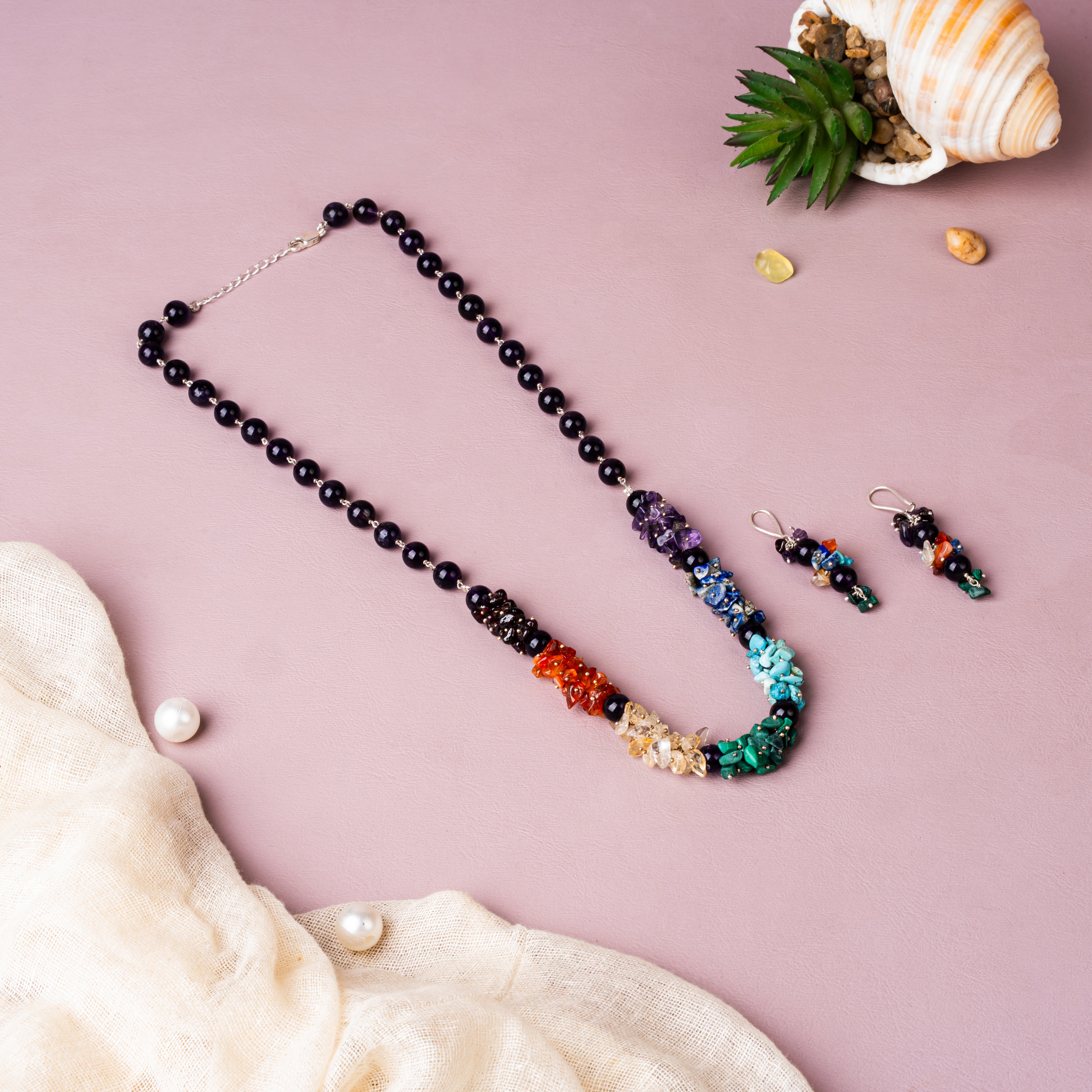 7 Chakra Crystal Healing Necklace Set with Earrings – 92.5 Sterling Silver