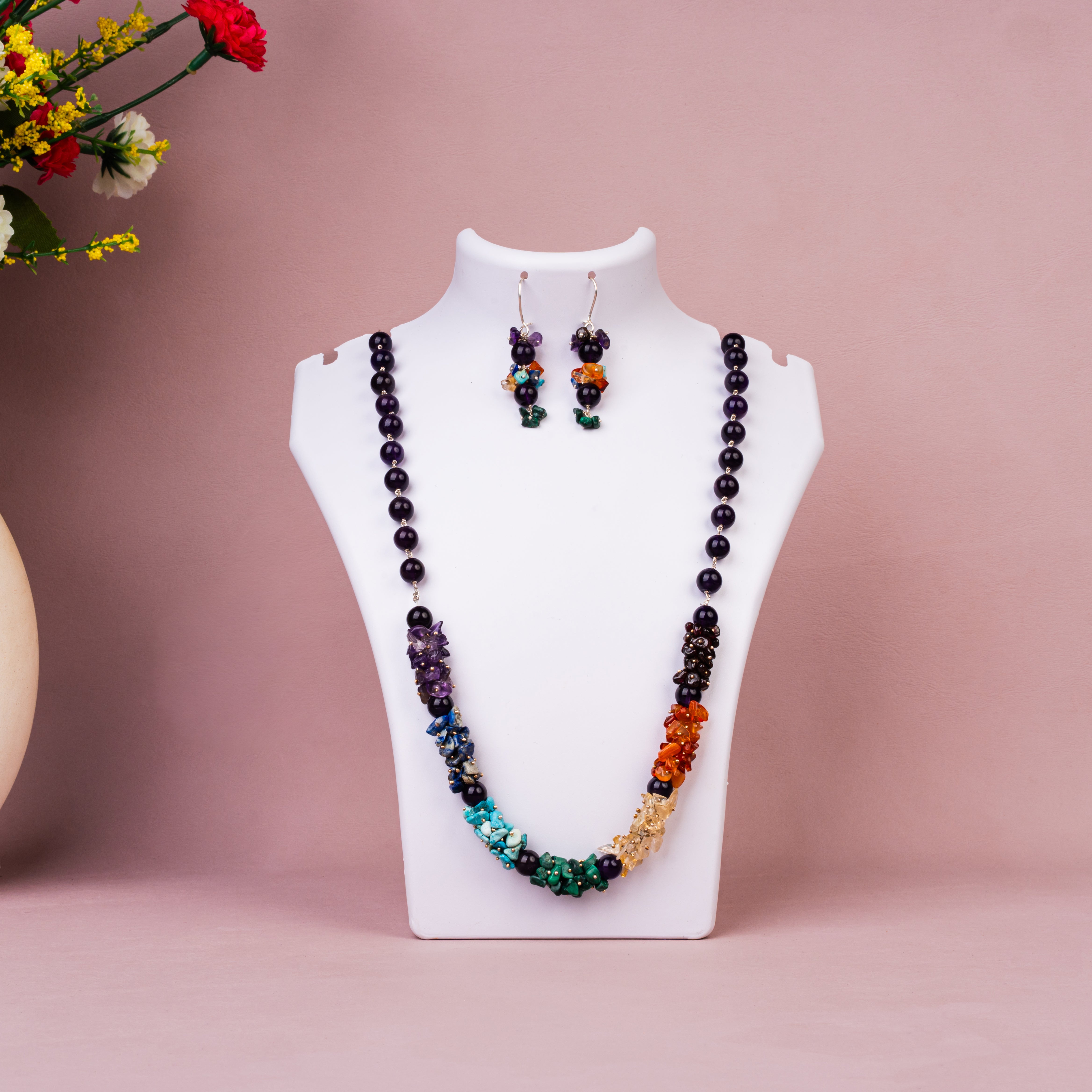 7 Chakra Crystal Healing Necklace Set with Earrings – 92.5 Sterling Silver