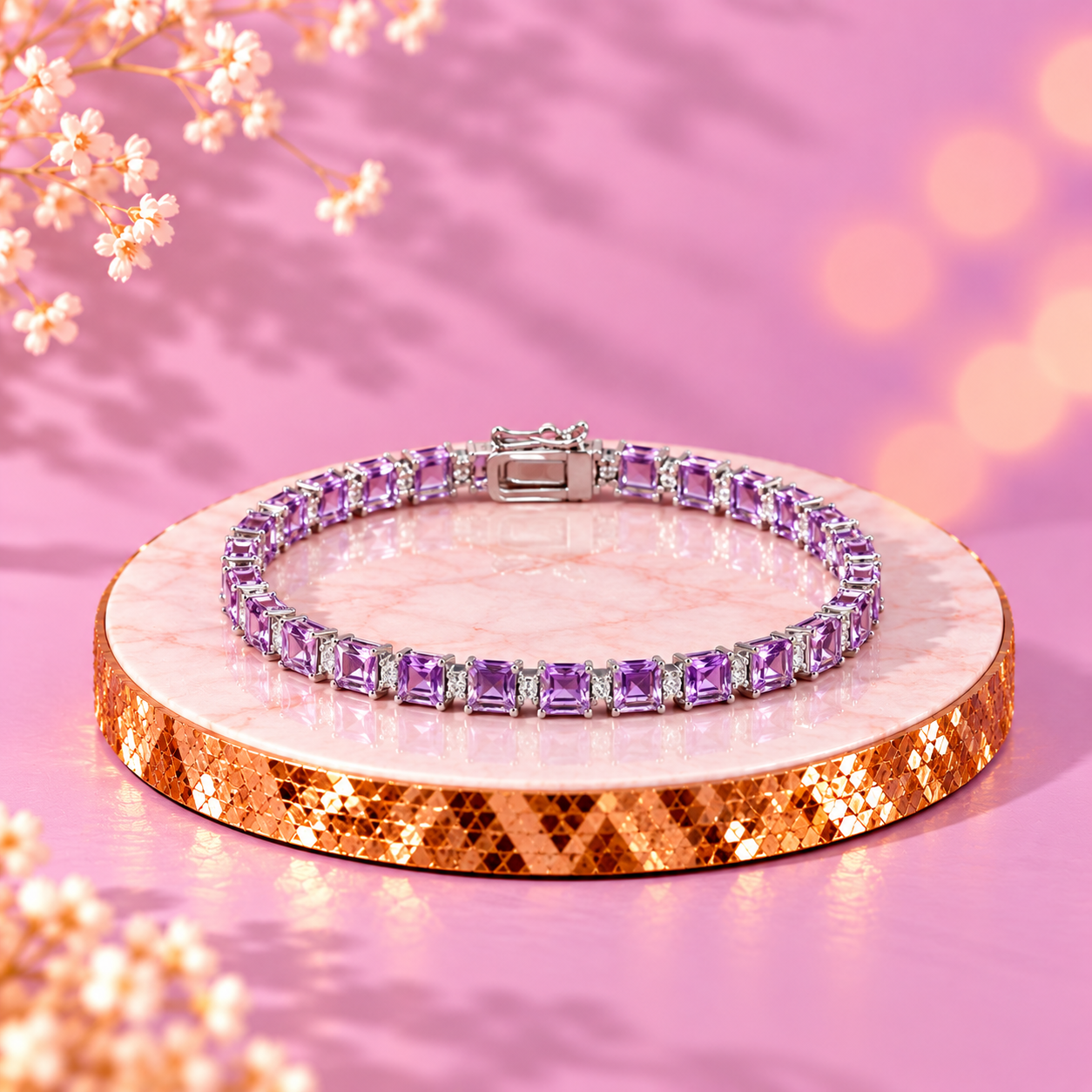 Amethyst Crystal 92.5 Sterling Silver Square Tennis Bracelet