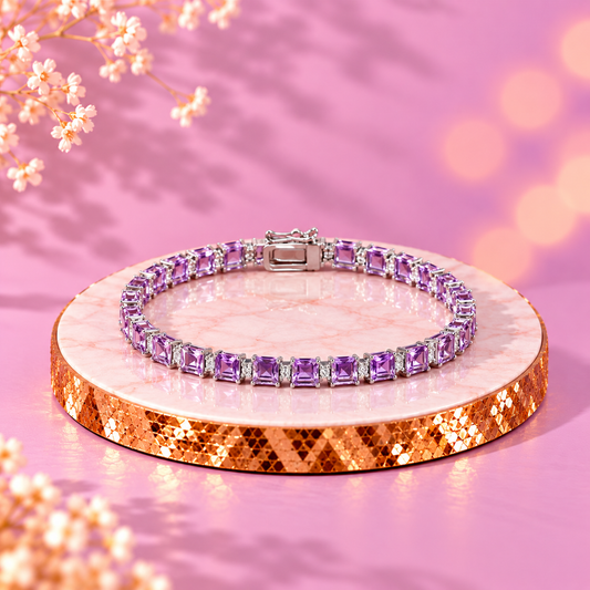 Amethyst Crystal 92.5 Sterling Silver Square Tennis Bracelet