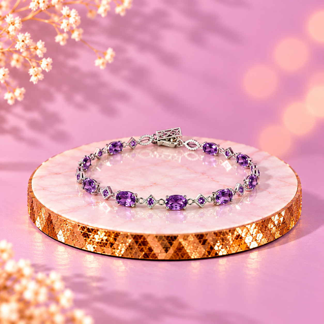 Amethyst Crystal 92.5 Sterling Silver Infinity Link Bracelet