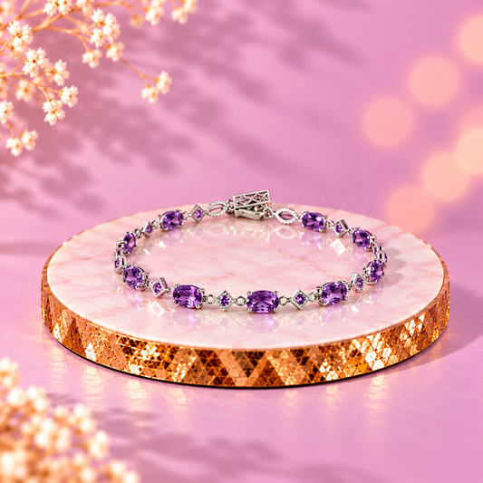 Amethyst Crystal 92.5 Sterling Silver Infinity Link Bracelet