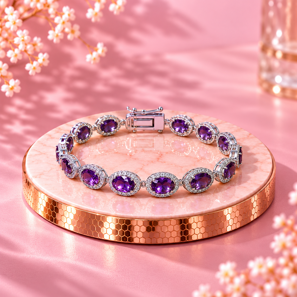 Amethyst Crystal 92.5 Sterling Silver Oval Halo Bracelet