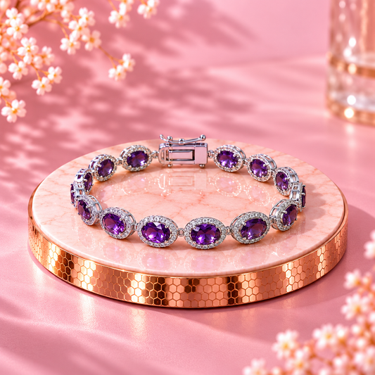 Amethyst Crystal 92.5 Sterling Silver Oval Halo Bracelet