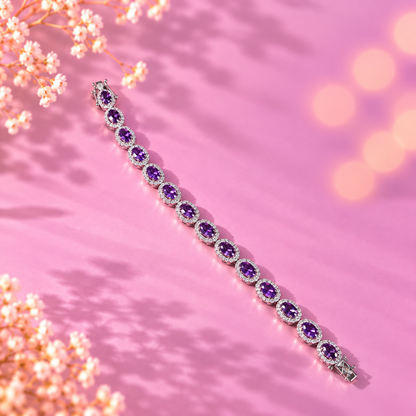 Amethyst Crystal 92.5 Sterling Silver Oval Halo Bracelet