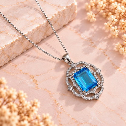 Blue Topaz Crystal 92.5 Sterling Silver Pendant