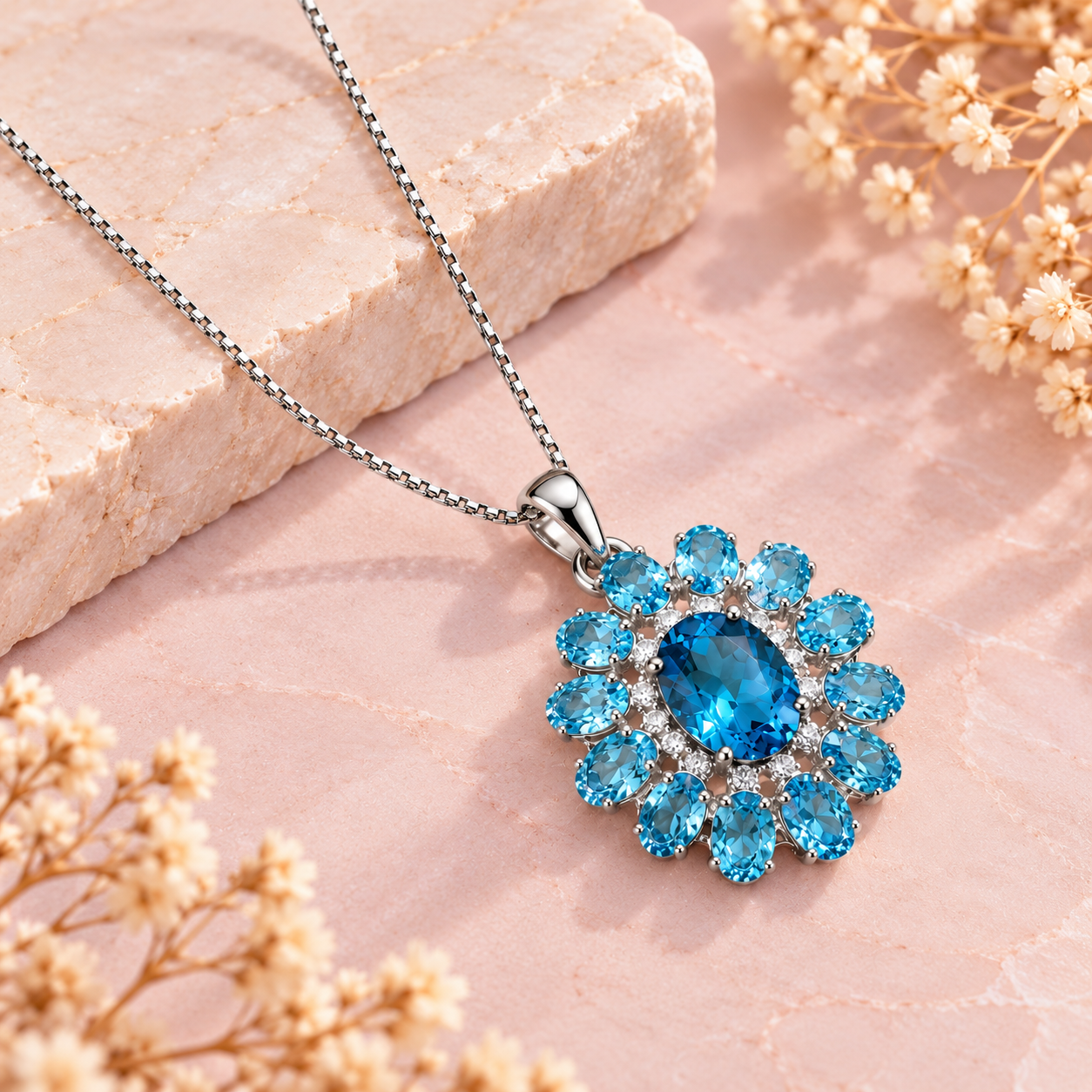 Blue Topaz Crystal 92.5 Sterling Silver Pendant for Clarity