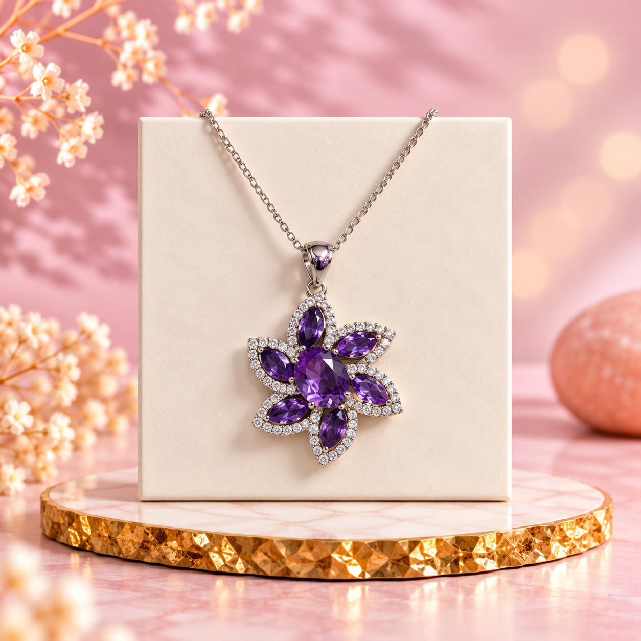 Amethyst Crystal 92.5 Sterling Silver Flower Pendant