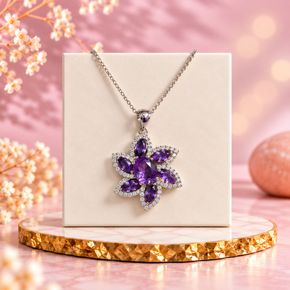 Amethyst Crystal 92.5 Sterling Silver Flower Pendant