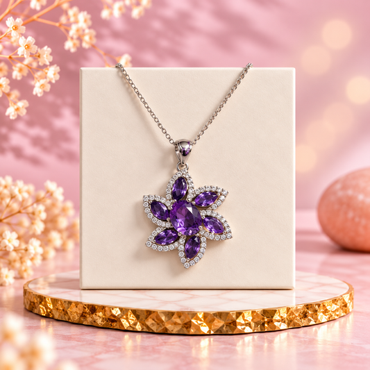 Amethyst Crystal 92.5 Sterling Silver Flower Pendant