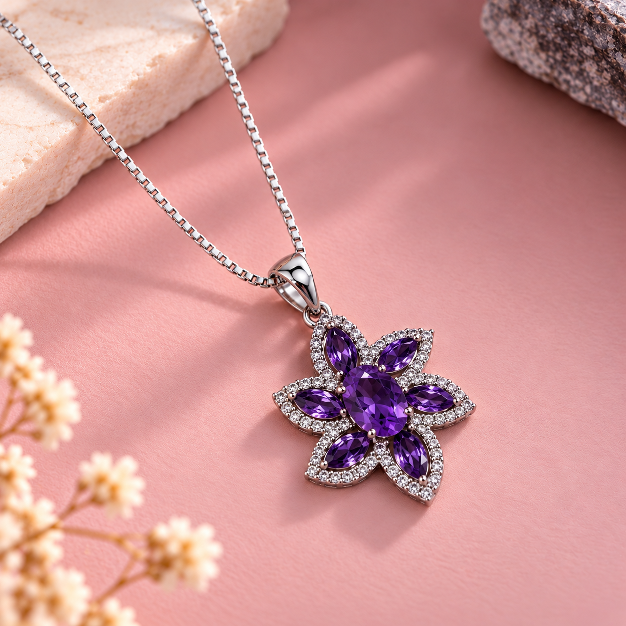 Amethyst Crystal 92.5 Sterling Silver Flower Pendant