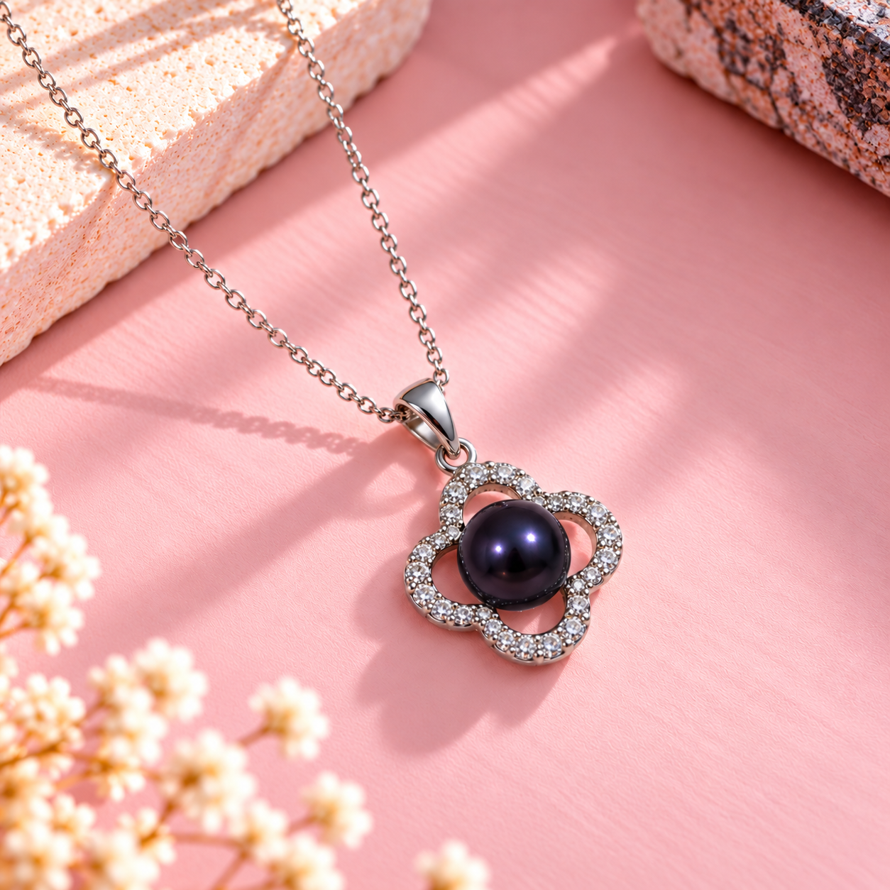 Black Pearl 92.5 Sterling Silver Clover Pendant