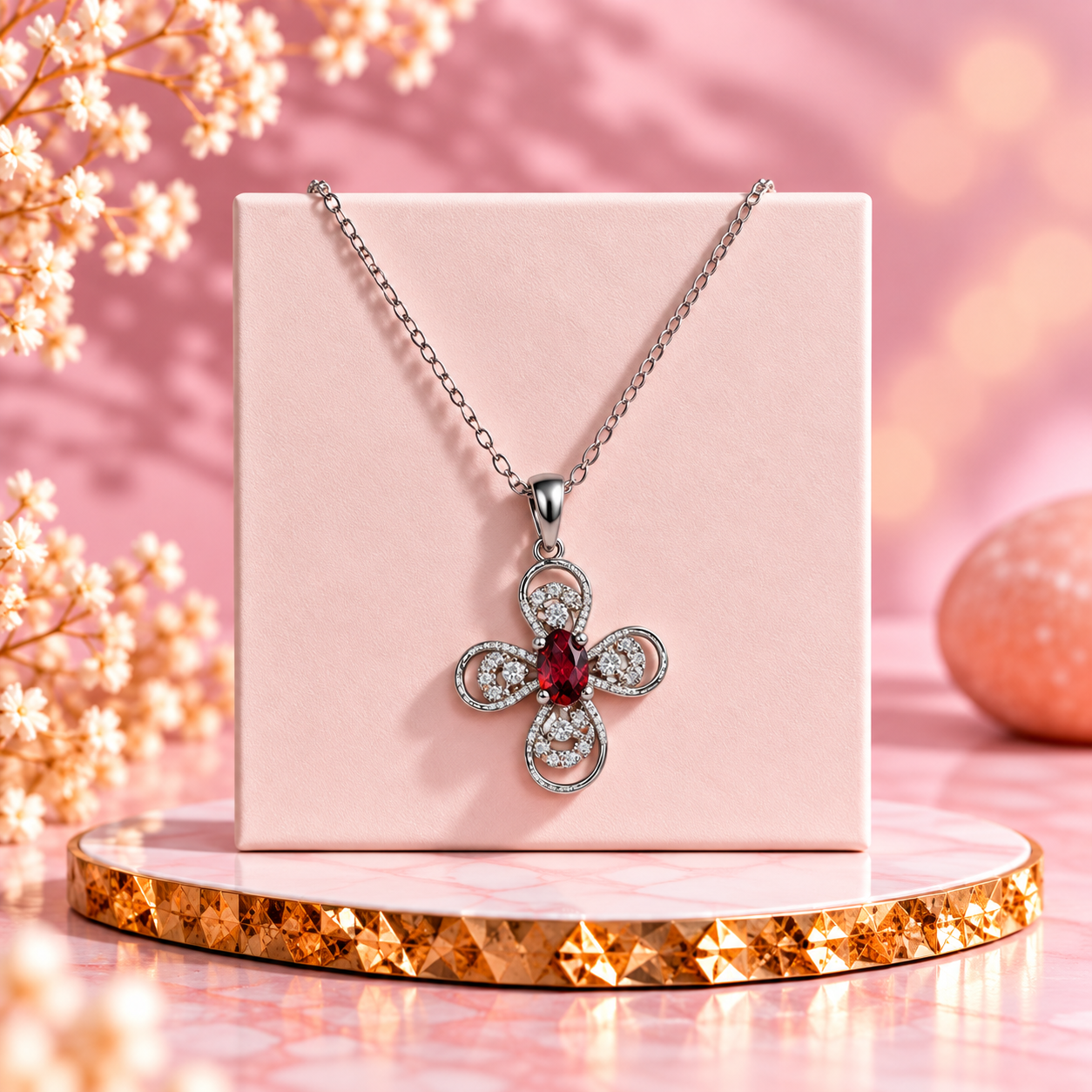 Garnet Crystal 92.5 Sterling Silver Four Petal Pendant