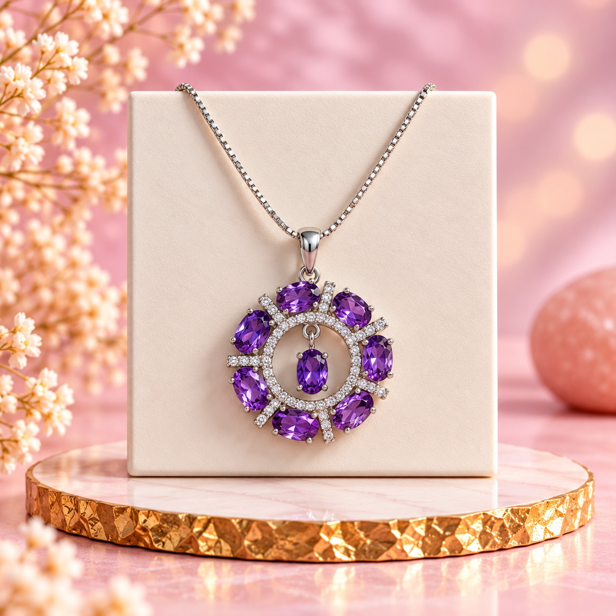 Amethyst Crystal 92.5 Sterling Silver Circle Pendant