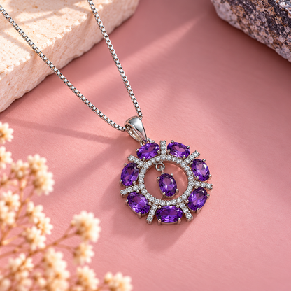 Amethyst Crystal 92.5 Sterling Silver Circle Pendant