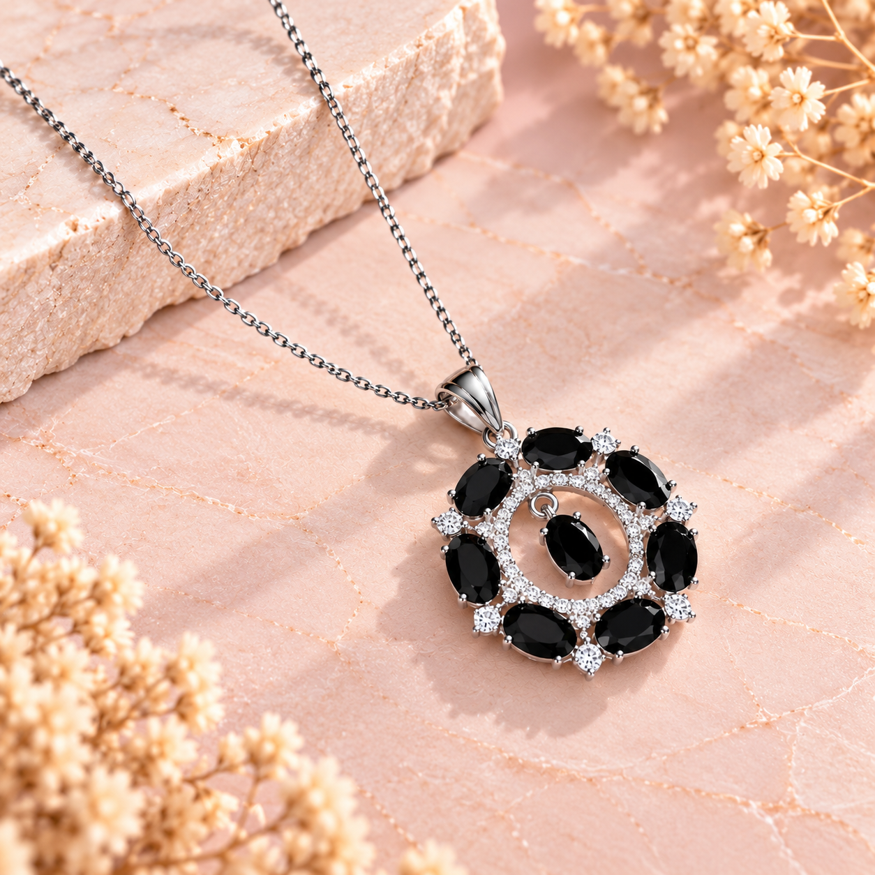 Black Onyx Crystal 92.5 Sterling Silver Pendant