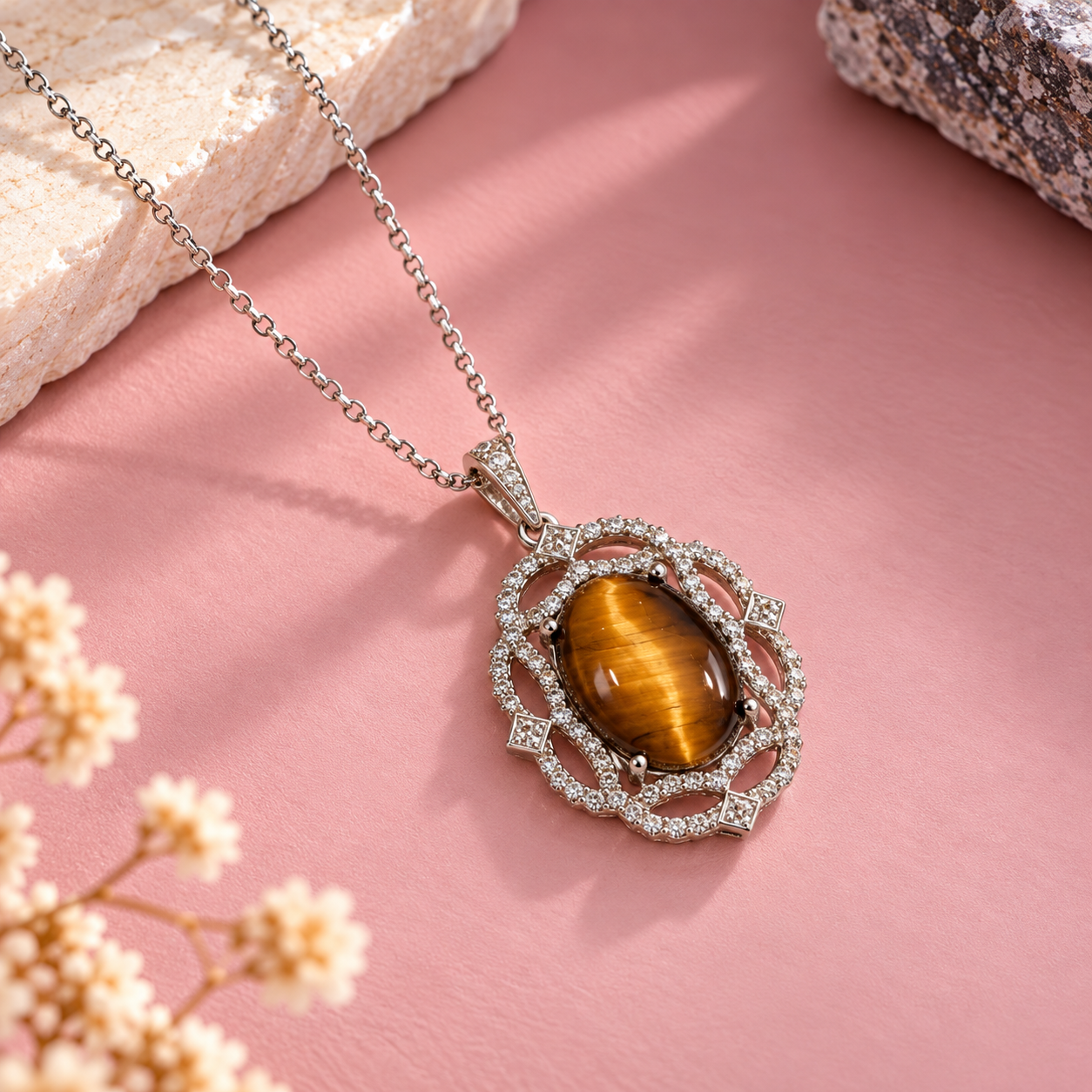 Tiger's Eye Crystal 92.5 Sterling Silver Oval Pendant