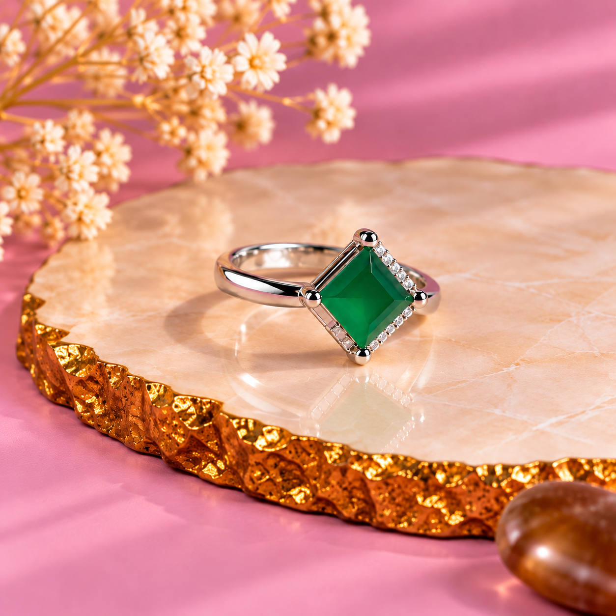Green Onyx Crystal 92.5 Sterling Silver Ring for Balance