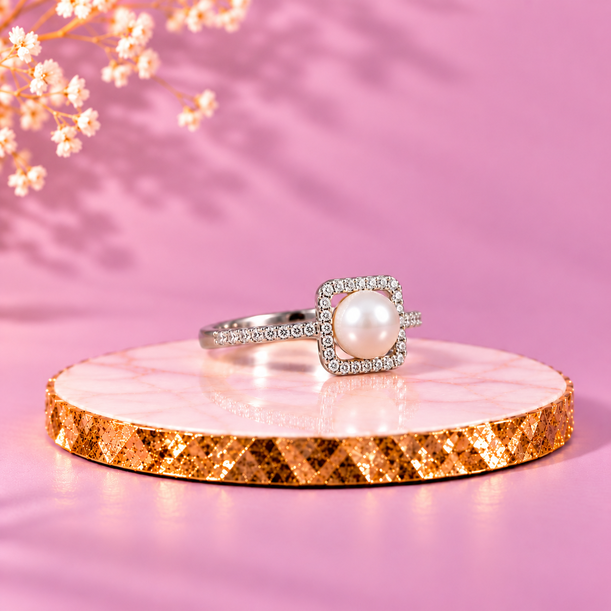 Pearl 92.5 Sterling Silver Square Halo Ring