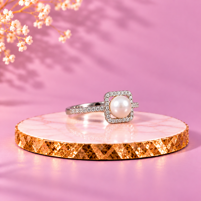 Pearl 92.5 Sterling Silver Square Halo Ring
