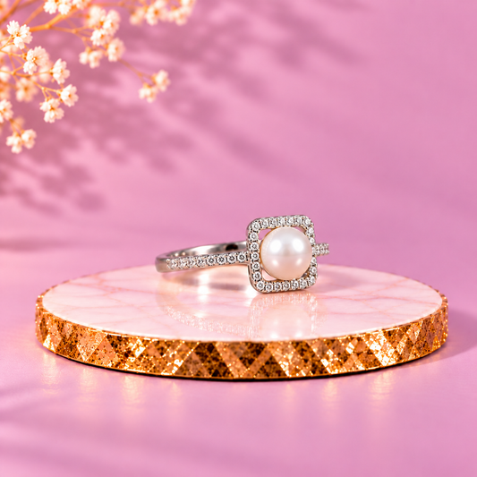 Pearl 92.5 Sterling Silver Square Halo Ring