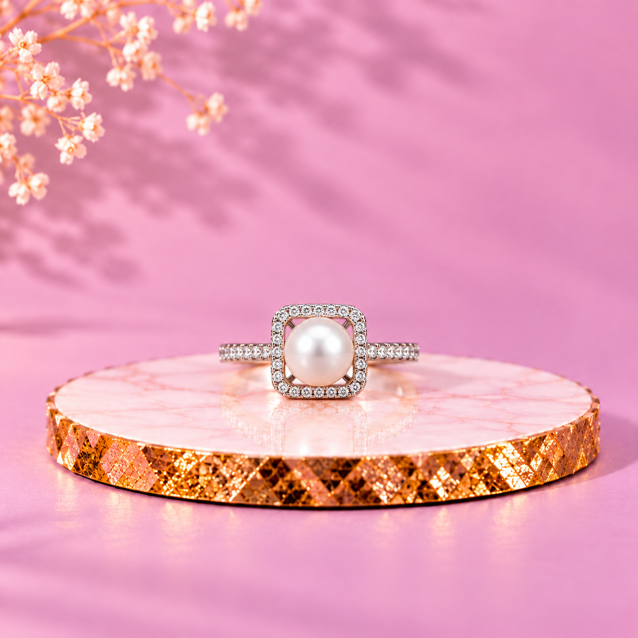 Pearl 92.5 Sterling Silver Square Halo Ring