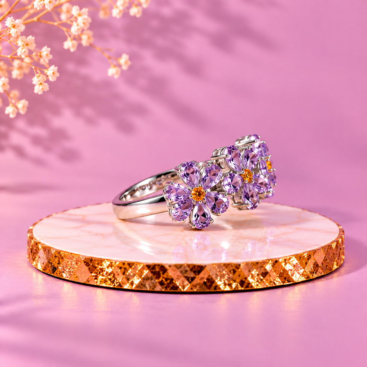 Amethyst and Citrine Crystal 92.5 Sterling Silver Triple Flower Ring
