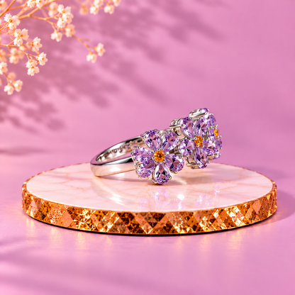Amethyst and Citrine Crystal 92.5 Sterling Silver Triple Flower Ring