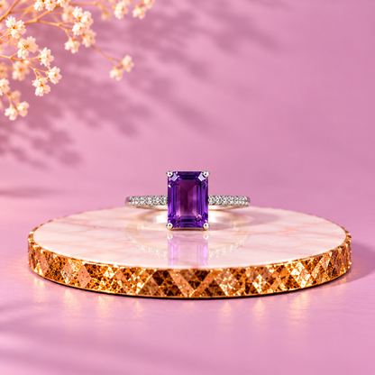 Amethyst Crystal 92.5 Sterling Silver Emerald Cut Ring
