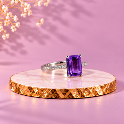Amethyst Crystal 92.5 Sterling Silver Emerald Cut Ring