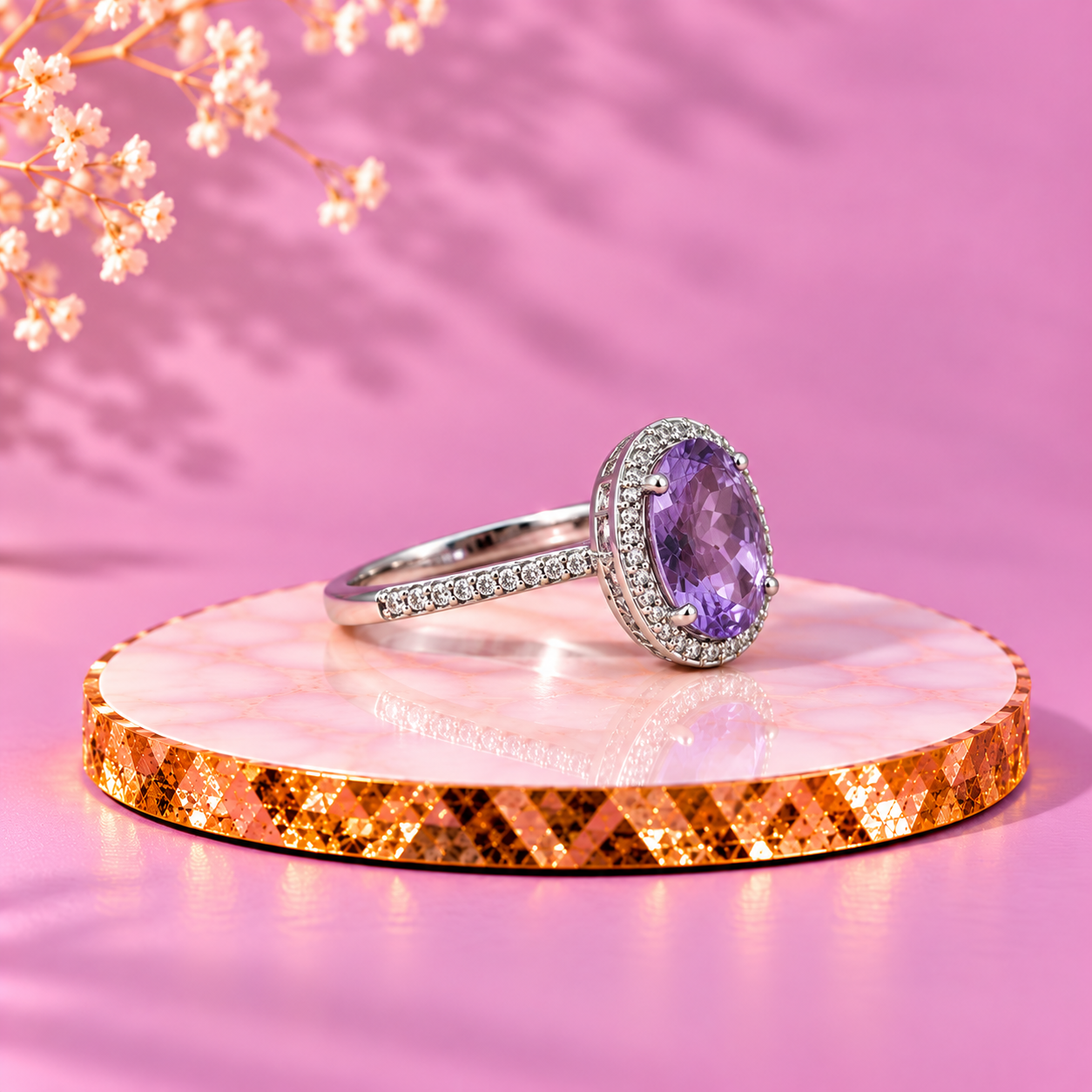 Amethyst Crystal 92.5 Sterling Silver Oval Cocktail Ring