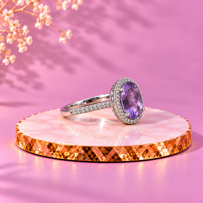 Amethyst Crystal 92.5 Sterling Silver Oval Cocktail Ring