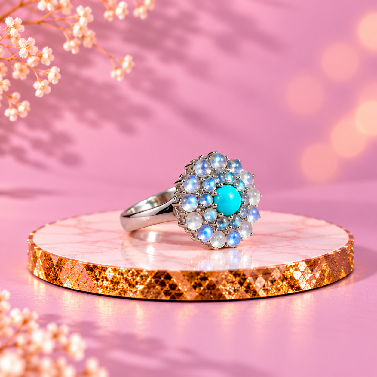 Turquoise and Moonstone Crystal 92.5 Sterling Silver Cluster Ring
