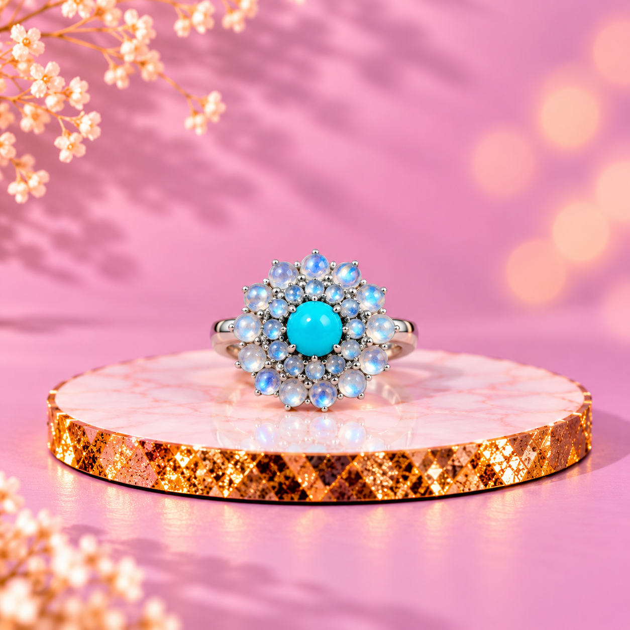 Turquoise and Moonstone Crystal 92.5 Sterling Silver Cluster Ring