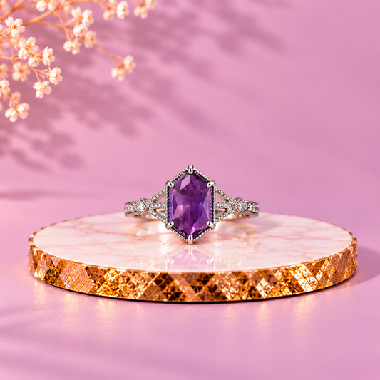 Amethyst Crystal 92.5 Sterling Silver Hexagon Ring