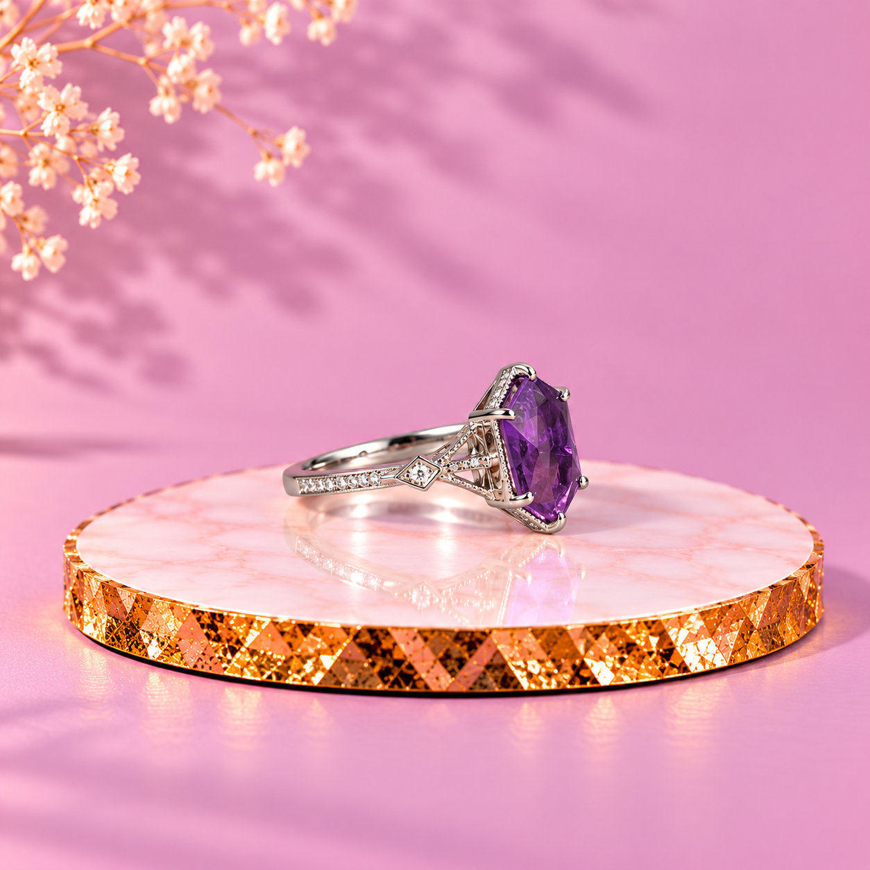 Amethyst Crystal 92.5 Sterling Silver Hexagon Ring