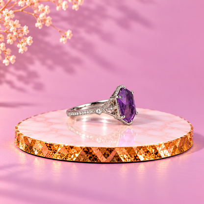 Amethyst Crystal 92.5 Sterling Silver Hexagon Ring